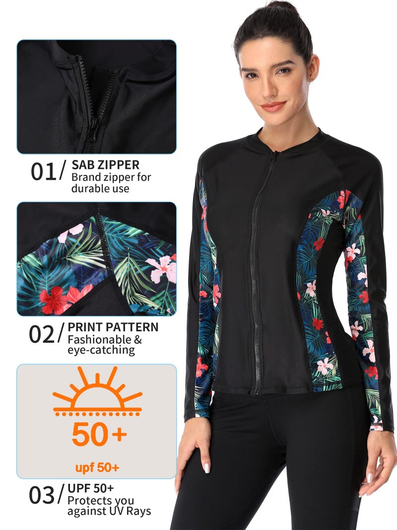 ATTRACO Womens Rash Guard Zip-Front Swimsuit Swim Shirt UV Sun Protection Floral - Image 4